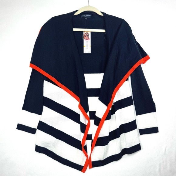 Jones New York Signature Sweaters - Jones New York Signature Women's Navy White‎ Striped Cardigan Orange Trim Small